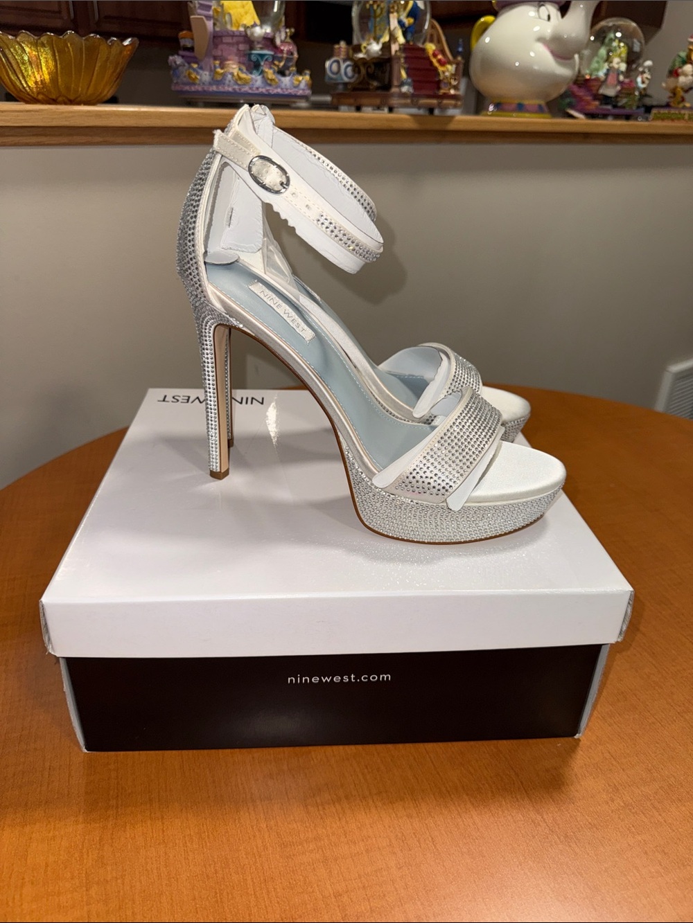Nine West White Crystal Platform Ankle-Strap Stilettos